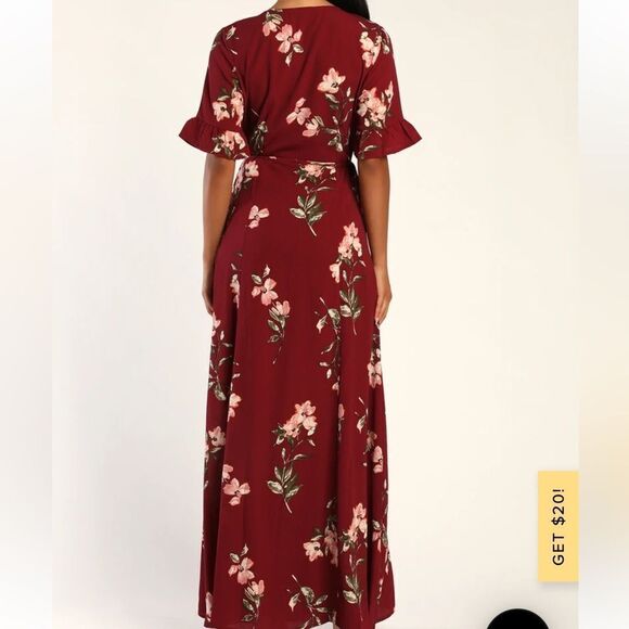 Lulus September Sunsets Burgundy Floral Print Wrap Maxi Dress Sz M NWT IN PKG - Picture 4 of 8
